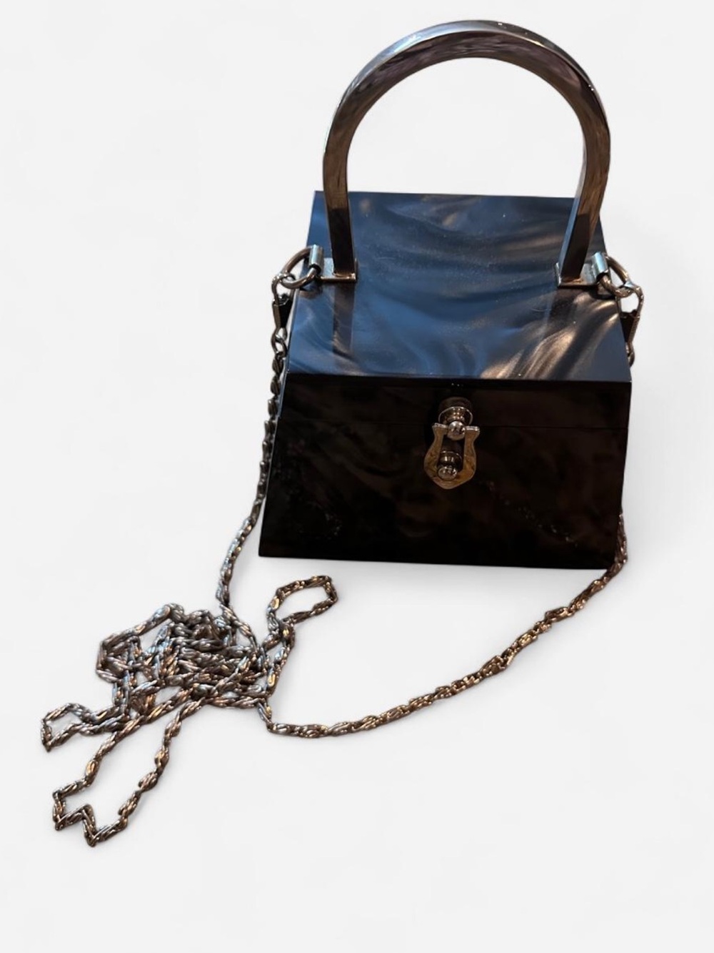 Vintage Structured Black Mini Top-Handle Box Bag with Removable Chain Strap